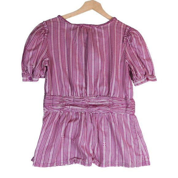 Tory Burch Pink Geometric Peplum Top Size 10 Boho Puff Sleeve 100% Cotton Design - Picture 2 of 8